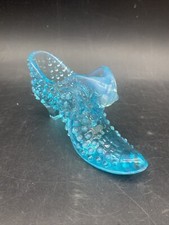 Vintage Hobnail Glass Slipper Opalescent Light Blue Shoe Cat Kitten Head Shoe picture