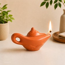 Handmade Clay Oil Lamp with Lid Aladdin Traditional Diya Meditation Room Decor picture