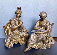 1880s Ansonia Clock Toppers Spelter Gold Tone Metal Writer & Soldier 8” Bookends picture