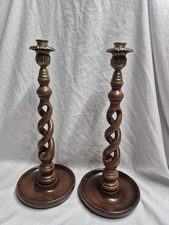 Vintage 1991 Barley Twist Wood Brass Candlesticks Pair 15” Made Taiwan picture
