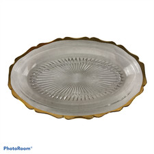 Unbranded Vintage Oval Glass Scalloped Edge Gold Trim Plate Platter picture