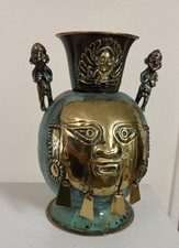 Inca Vase Mayan Olmec Handmade Brass Peru Viracocha Inti Warrior Iconography picture