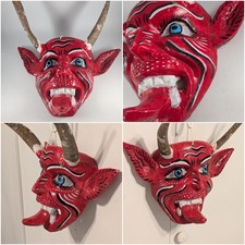 Vintage Diablo Devil Mask Carved Wood with Real Horns.  Artisan Made.  Mexico picture