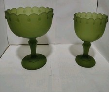 (2) Vintage Indiana Green Frosted Glass Bowl Pedestal Compote Teardrop Center picture
