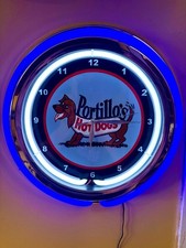 Portillo's Hot Dogs Chicago Restaurant Store Neon Style Retro LED Clock Sign picture