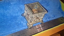 Vtg Antique French Style Filigree Beveled Glass Jewelry Casket Ring Trinket Box picture