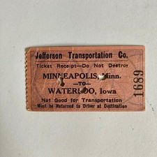 Vintage Jefferson Transportation Co. Ticket Bus? Train? Minneapolis to Waterloo picture
