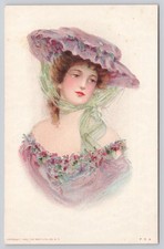 Edwardian Glamour Lady Big Plumed Hat Postcard c1906 Gray Litho picture