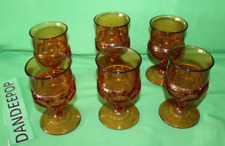 Vintage 6 Piece Amber Glass Thumbprint Kings Crown Pedestal Glassware Barware picture