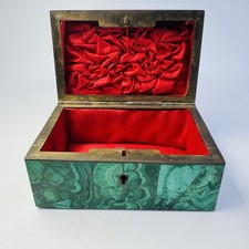Antique Malachite Casket Box Russian Style Brass Frame Silk Lined 4.5” DAMAGED picture