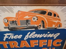 Vtg 1940s Traffic Motor Oil Gulf Cardboard Sign Gas Station Litho Streamline Car picture