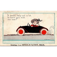 Greetings From Rives Junction MI 1921 Child Driving Vintage Postcard SP7-22 picture