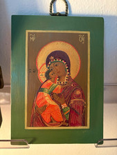 Icon Madonna and Child, Hand Painted with Natural Stones and Pearls. picture