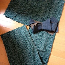 Men's Green Cotton Yukata Geometric Narrow Obi Set Japan picture