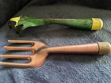 2 Vintage Metal Garden Hand Tools Copper Fork & Green Claw Rake, Farm Primitive picture