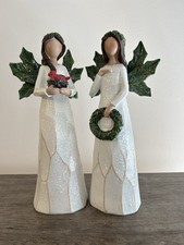 Set Of 2 Angel Figurines With Cardinal And Wreath 12” Holly Wings NEW picture