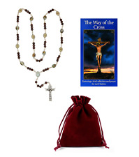 Lent Stations of the Cross Chaplet Rosary Wood Beads Cord Pamphlet & Pouch picture