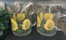 2 Vintage 90s Libbey Glass Sunflower Coffee Tea Mugs 12 oz. Excellent Condition picture