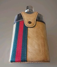 Vintage Unmarked Gucci Style Glass Flask Tan Leather Case Green Red Stripe 1970s picture