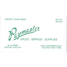 M. Alperin Paymaster Sales Service Supplies Houston Vintage Business Card SE3-B3 picture