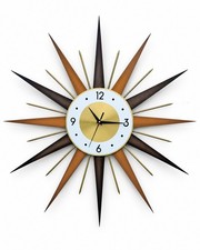 Retro Style Starburst Sunburst Wall Clock MCM Walnut Orange Gold Silent picture