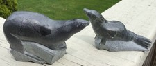 VINTAGE CANADIAN INTUIT ESKIMO ART CARVED SEALS, PAIR OF 2 picture