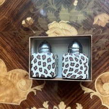 Vintage Leopard Print Ceramic Salt & Pepper Shakers – Silver Tone Tops  with box picture