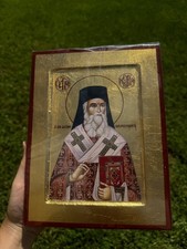 Saint Nektarios of Aegina Orthodox Icon Raised Wood 18kt Gold Leaf picture