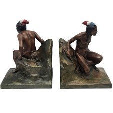 Antique Native American Bookends Awaiting The Prey Metal 1920s Indian Decor picture