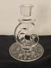 FOSTORIA BUTTERCUP CANDLEHOLDER ETCHED 1940'S PLUME STEM DESIGN 6 X 4.5 picture