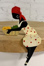 Vintage Barbados Folk Art Woman Wood Shelf Sitter Hand Painted Caribbean Decor picture