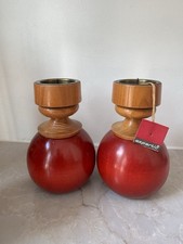 2 Vintage MCM Expertic GDR East Germany Red Wood Ball Sphere Candle Holders picture
