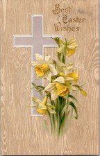 Vintage 1928 Easter Postcard Best Easter Wishes Daffodils Cross picture