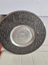 Swiss Pewter Helvetia Relief Wall Plate Charger Hanging Tab Cantons Etain Zinn picture