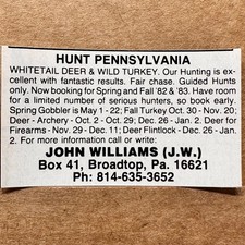 1982 JOHN WILLIAMS HUNT PENNSYLVANIA Vintage Print Ad Broadtop PA picture