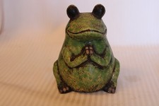 Ceramic Praying Frog Figurine, Green with Brown Accents, Unique Piece picture