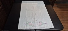 ​Vtg White Cotton Pillowcase Hand Embroidered Floral Pink Lilac Unfinished Edge picture
