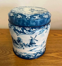 Vintage Dutch Windmill Tin Countryside Blue & White Floral 4” Tall picture