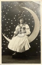 1907-1920's Young Woman Paper Moon Studio View RPPC Photo Postcard COPY picture