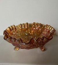 Vintage Imperial Carnival Glass Bowl Open Rose Three Footed 8 X 2.5 Inches picture