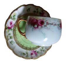 Vintage Heritage Nippon Handpainted Porcelain Cup and Saucer Scallop Rose Green picture