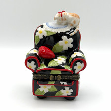 Hinged Porcelain Cat on Armchair Trinket Box Floral Pattern Black Red White picture