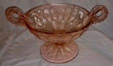 VINTAGE ETCHED PINK  Pedestal Footed GLASS Candy Nut Compote Dish with Handles  picture