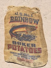 VTG Rainbow Trout Baker Washington Potatoes Burlap Bag 100 lbs Gunny Sack Rare picture