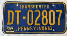 Vtg Pennsylvania License Plate - TRANSPORTER - DT #2807, ‘97 Tag, Blue/Yellow picture