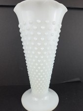 Vintage Anchor Hocking Milk Glass Trumpet Vase Hobnail And Bars White picture