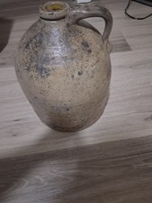 antique 1800's handmade stoneware salt glazed cobalt pottery jug vase w/ handle  picture