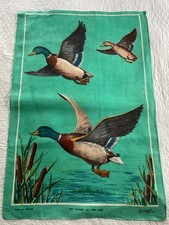 Vintage Samuel Lamont Pure Irish Linen Turquoise Flying Ducks Tea Towel EPOC picture