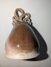 Vintage Hand Painted Brown Tan Tulip Shape Ceramic Bell 5 Inches Looped Handle picture