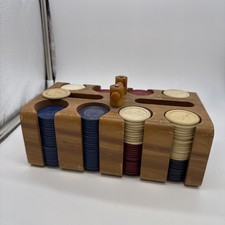 Vintage 1-1/2” Clay Poker Chips Beige Blue Red Nautical And Jockey w Wood Holder picture